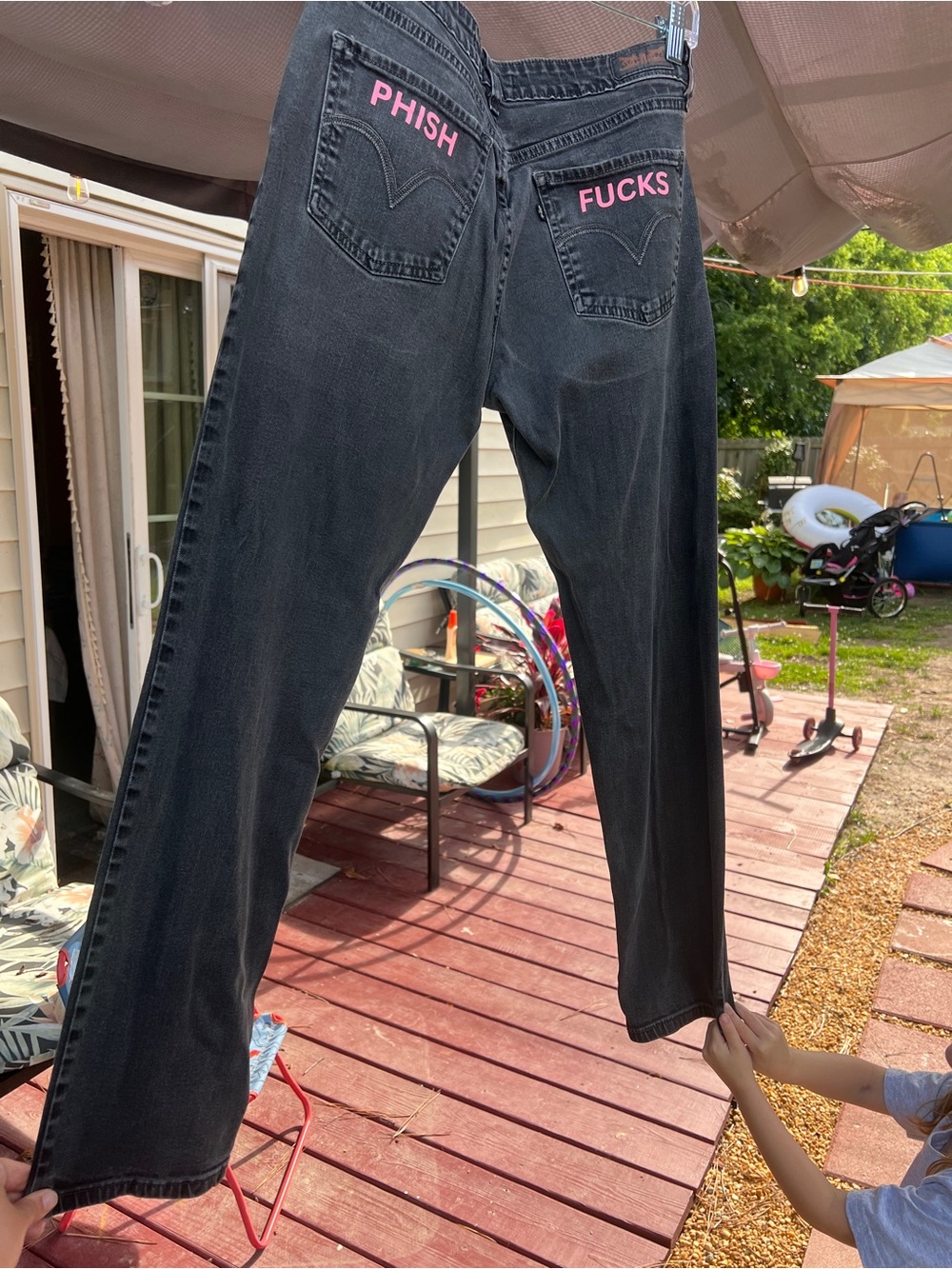 Black Levi Jeans with Phish F*cks Back Pocket Text